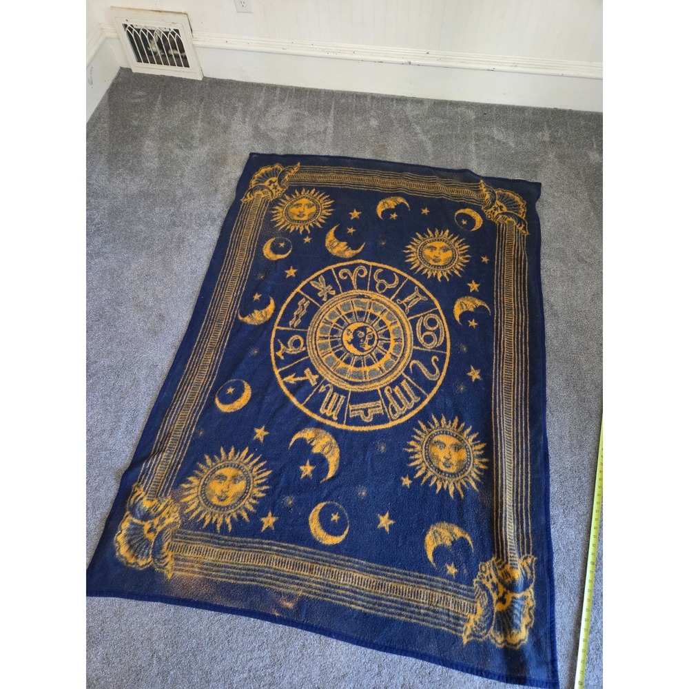 Vintage Celestial Zodiac Sun Moon Stars Reversible Throw Blanket Navy Gold 48x70